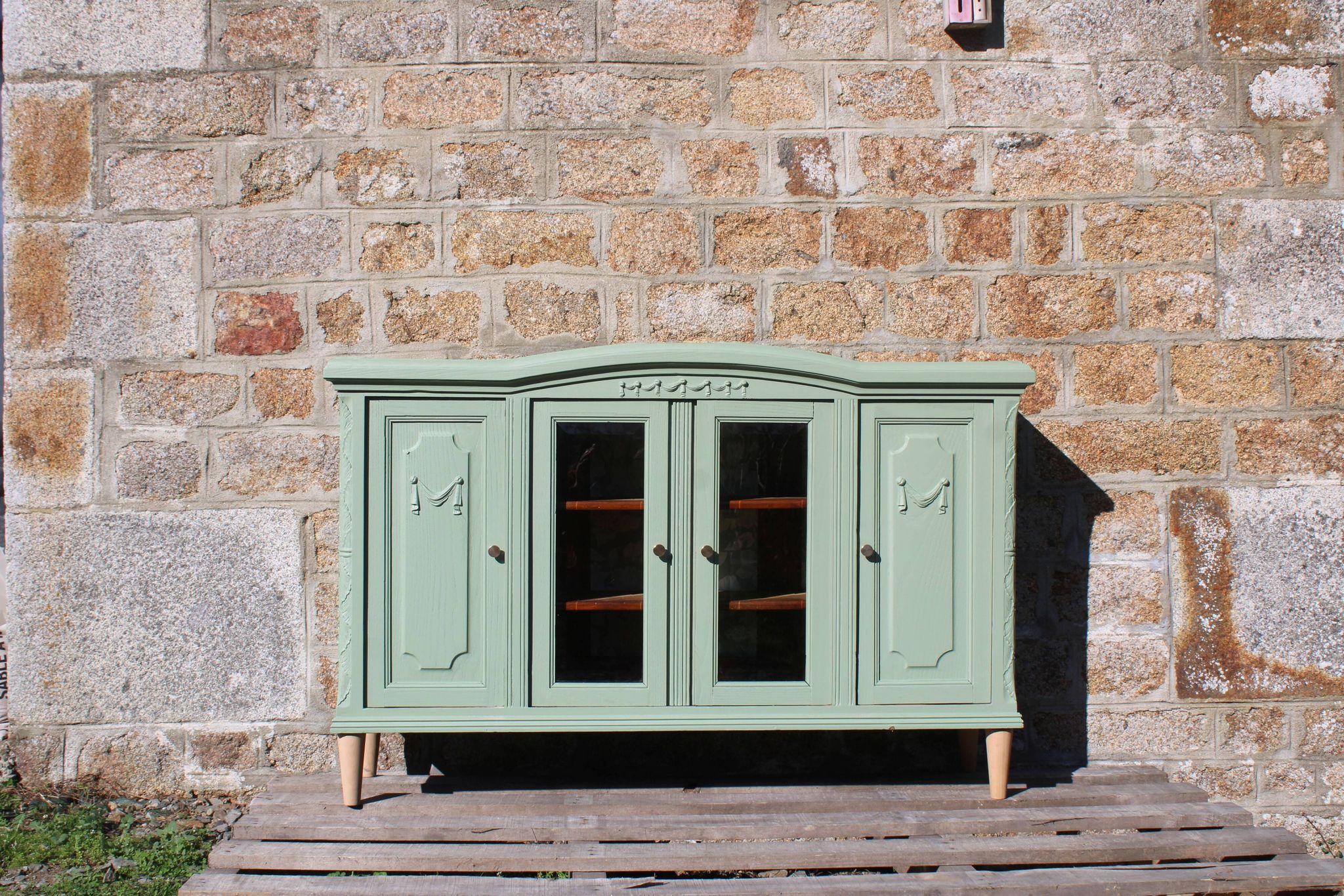 Renovated vintage sage green enfilade – wooden legs & bevelled display cabinets