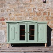 Renovated vintage sage green enfilade – wooden legs & bevelled display cabinets