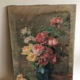 Oil on old canvas Bouquet of roses