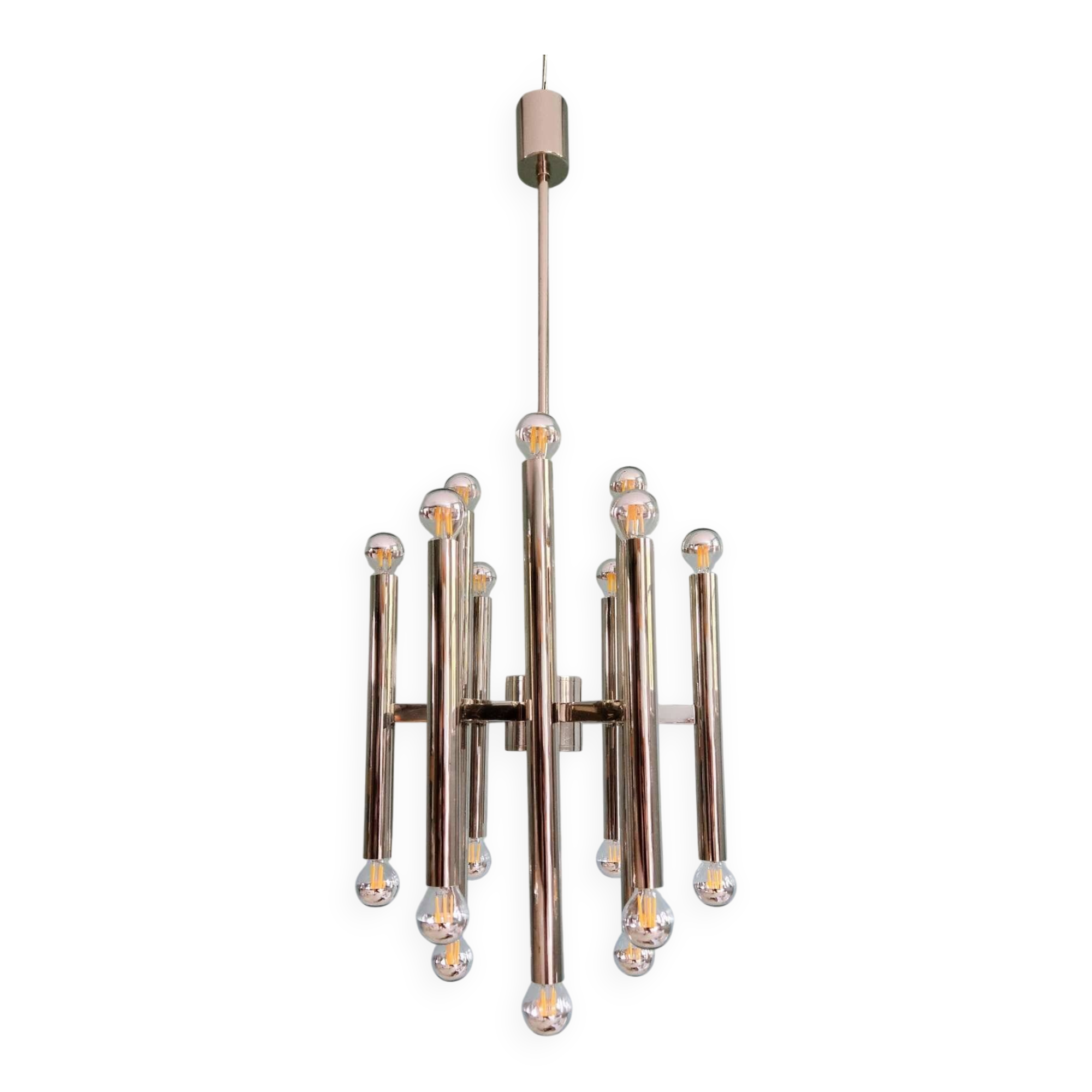 Large Space Age chandelier in chromed metal, design G. Sciolari, Boulanger, 1970
