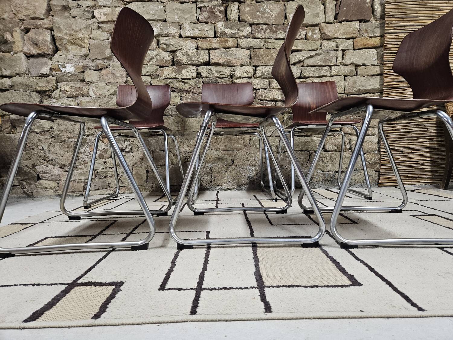 Set of 6 Flötotto pagwood stackable chairs 1960
