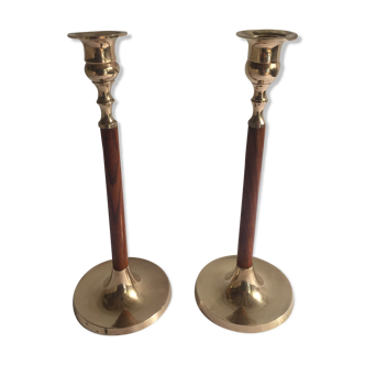 Brass and teak candlesticks