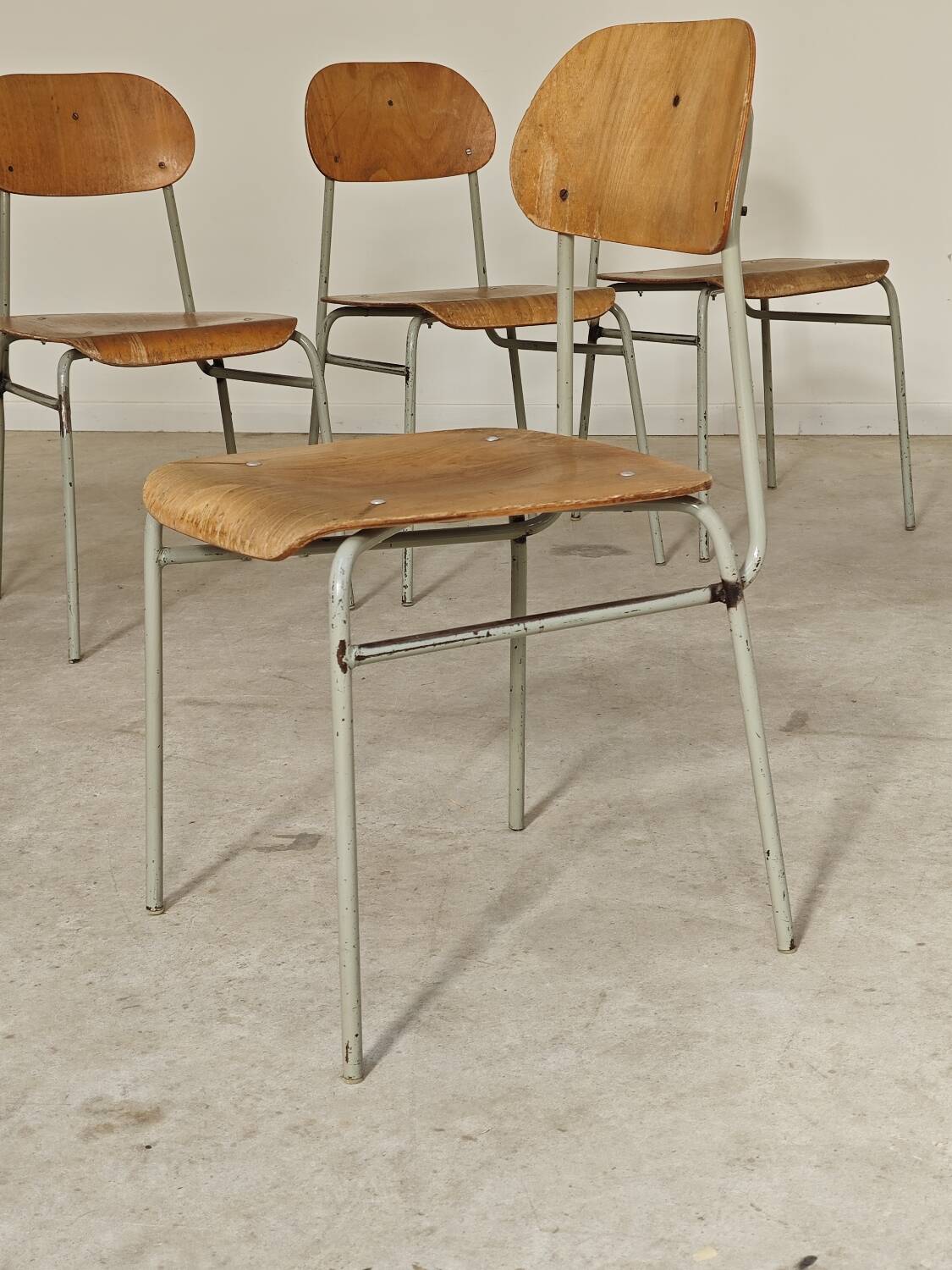 Set of 4 metal and wood school chairs, former Czechoslovakia, 1960.