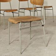 Set of 4 metal and wood school chairs, former Czechoslovakia, 1960.