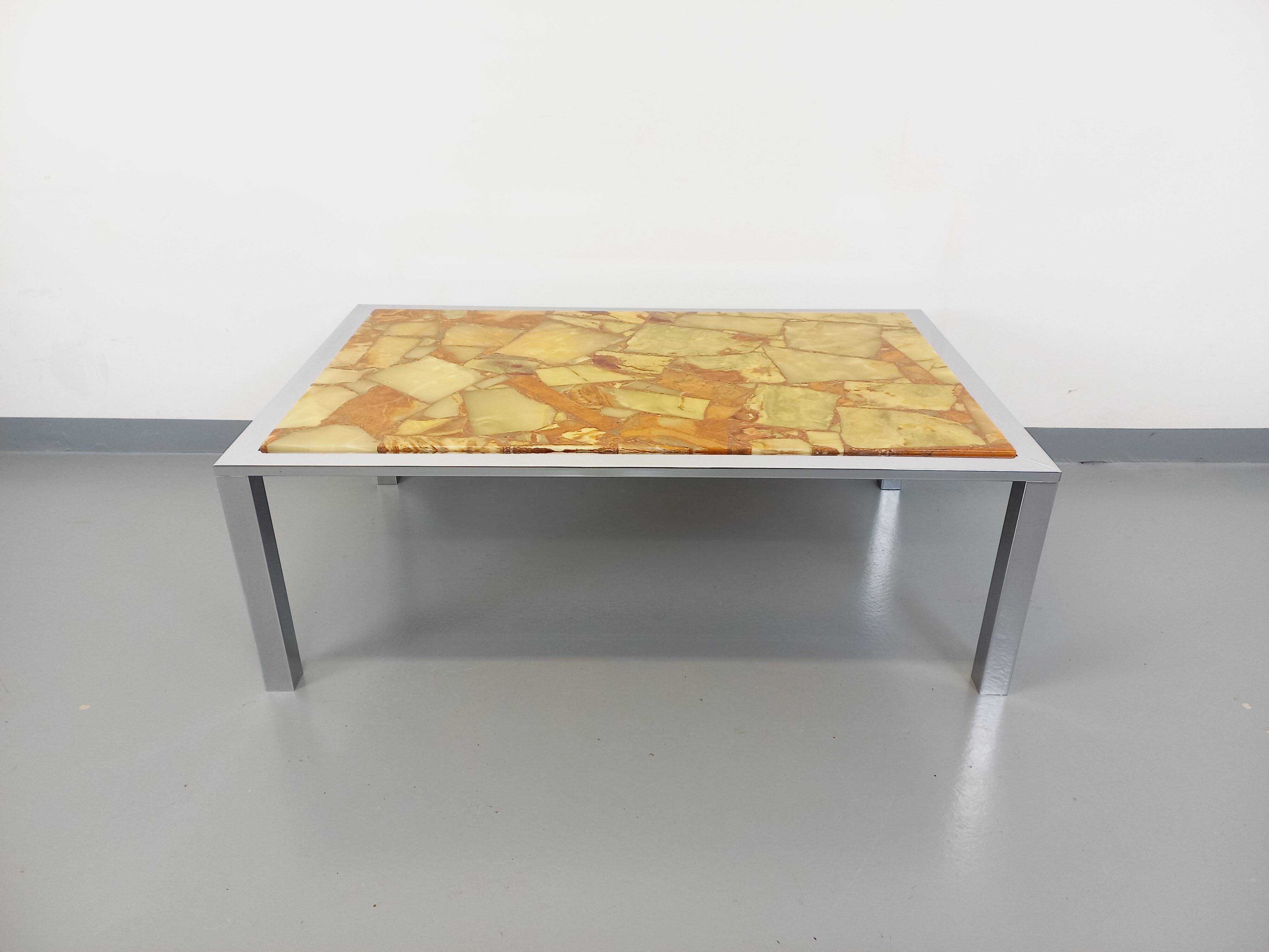 Large vintage coffee table in chrome metal, yellow onyx stone and resin from the 70s