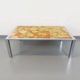 Large vintage coffee table in chrome metal, yellow onyx stone and resin from the 70s