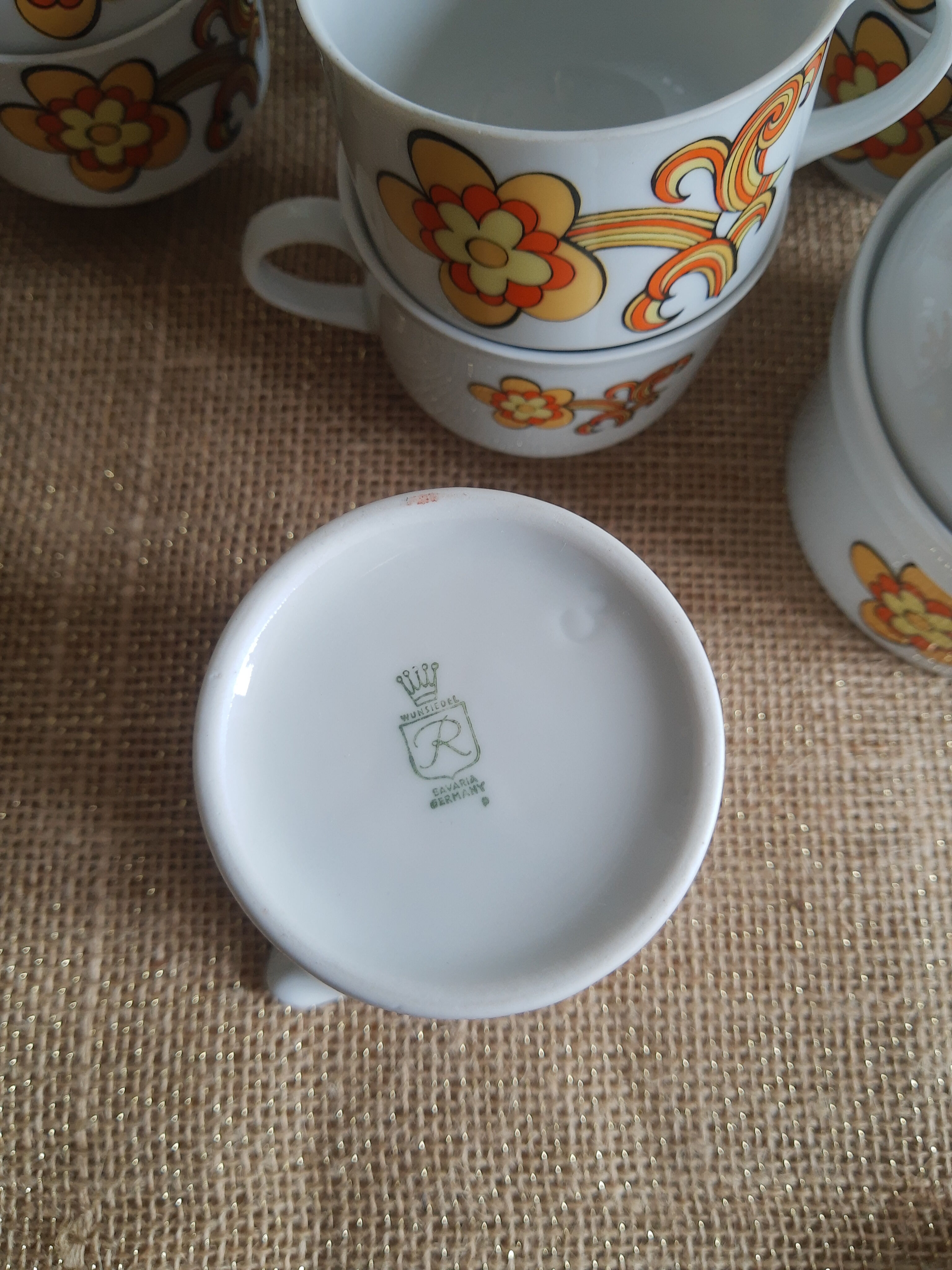 Set 11 coffee cups, sugar bowl and milk pitcher Wunsiedel Bavaria vintage