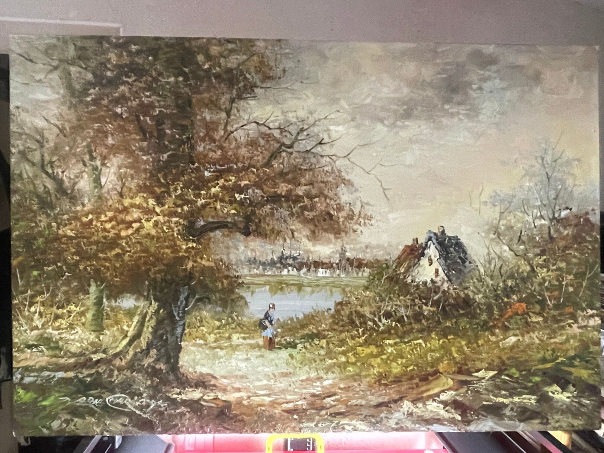 Oil painting on canvas animated lake landscape signed