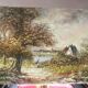 Oil painting on canvas animated lake landscape signed
