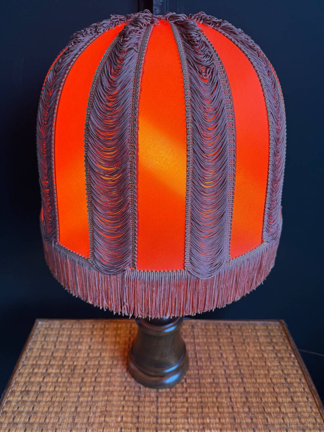 Large 1960s bell-shaped lamp with fringed shade