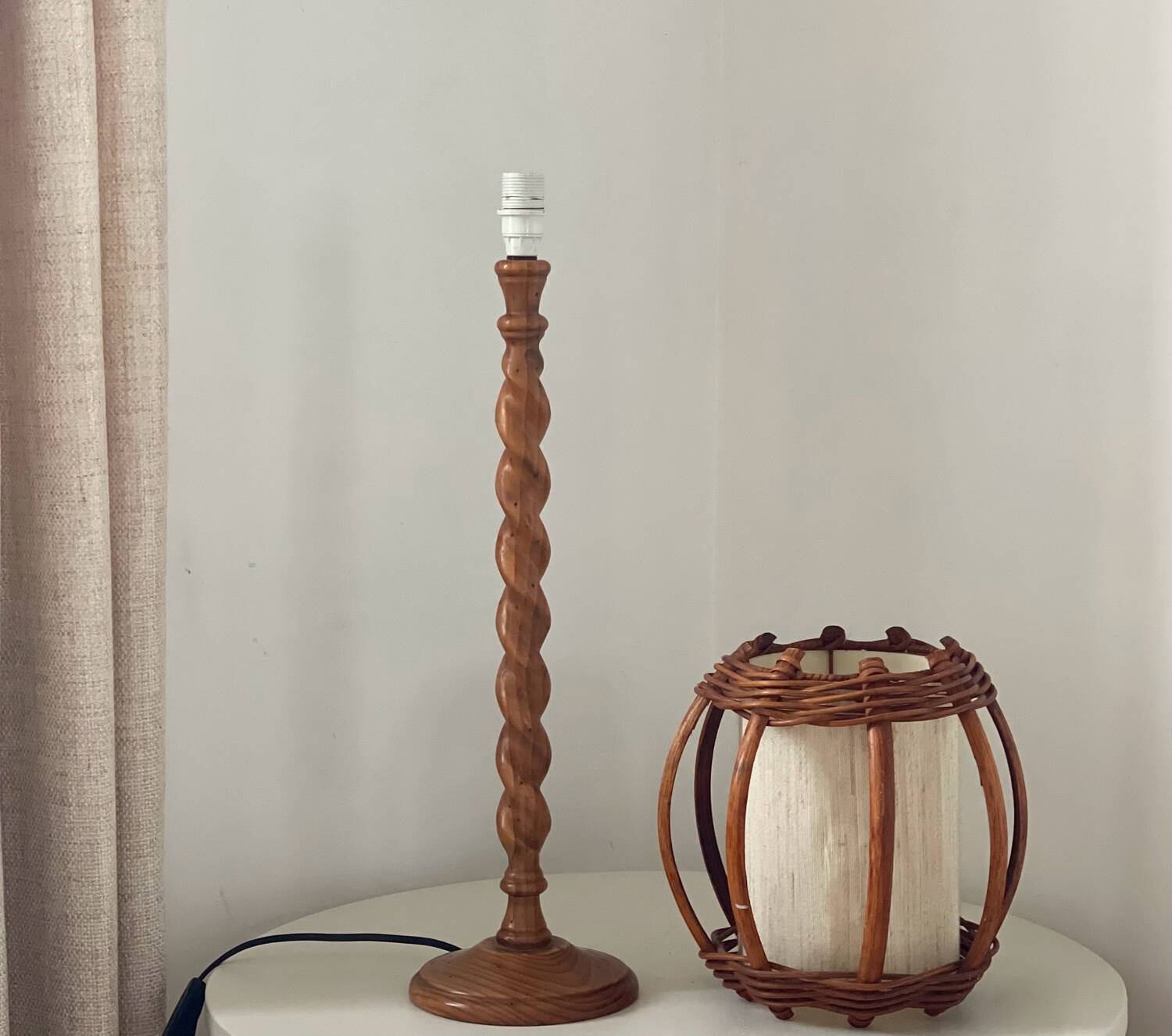 Turned wood lamp.