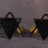 Pair of vintage black wrought iron and yellow wood coat hooks 1950