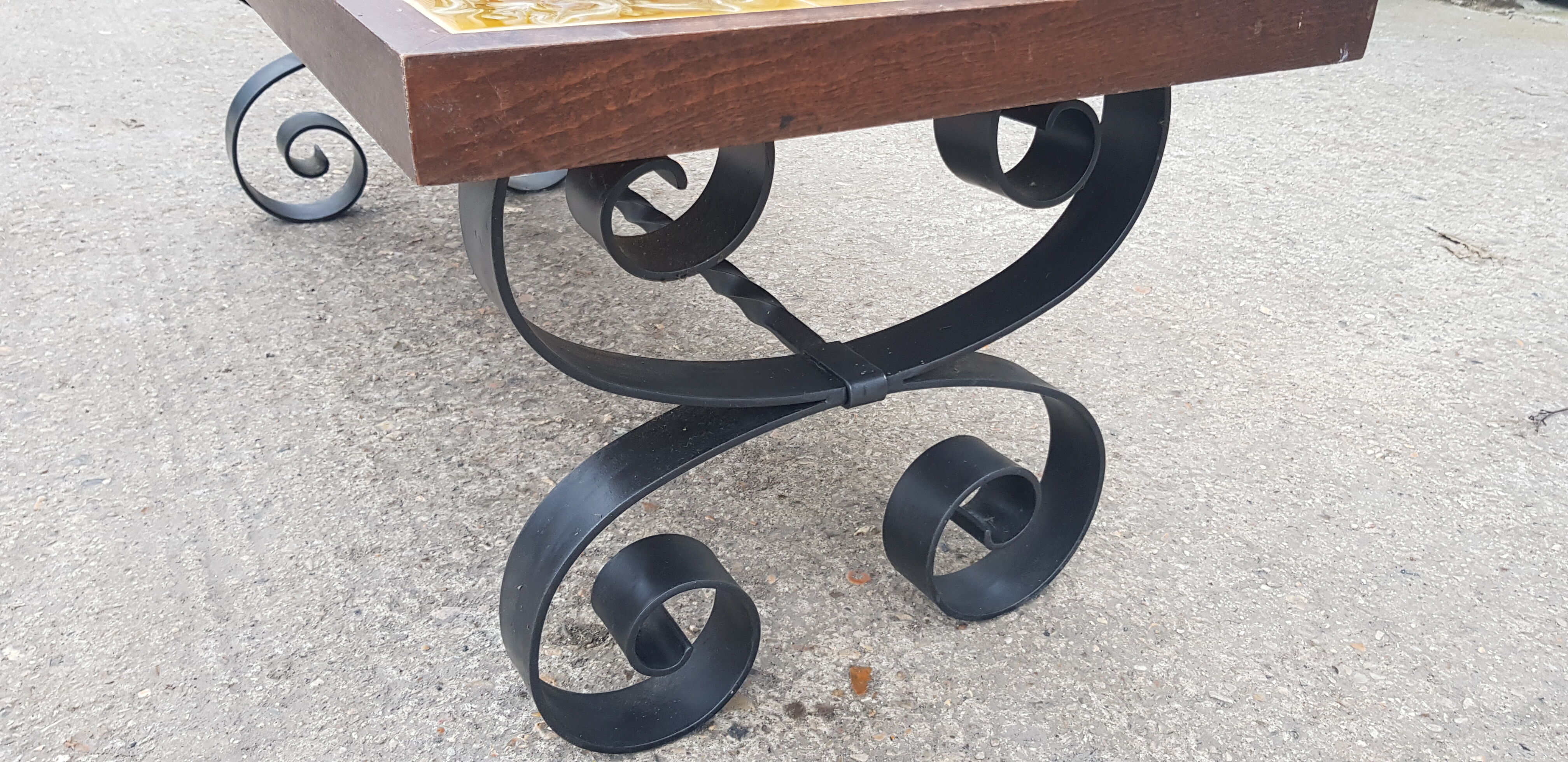 Antique vintage coffee table with glazed earthenware top