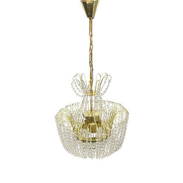 Chandelier en cristal de Kamenický Šenov, laiton doré, années 1970, Tchécoslovaquie