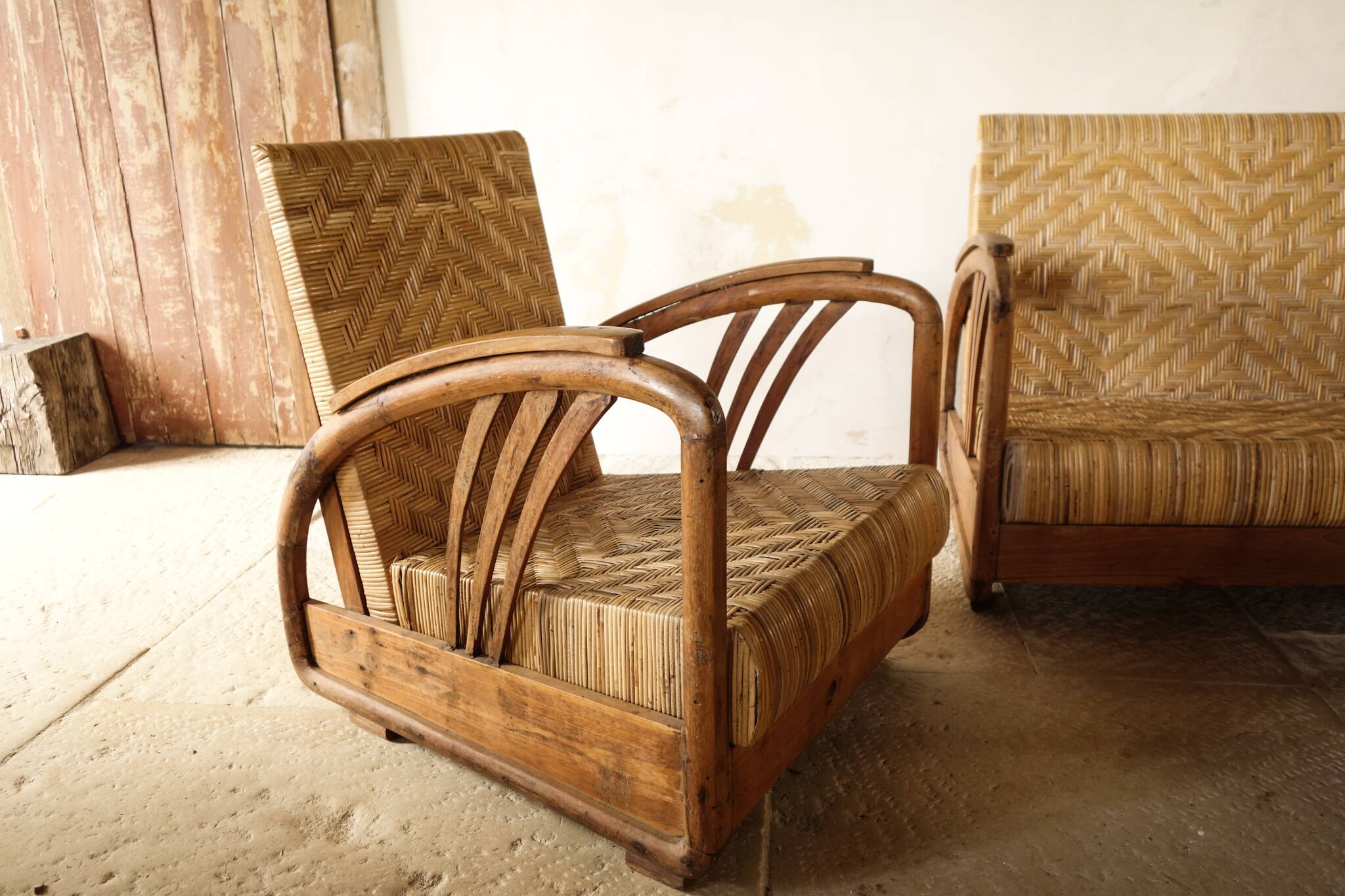 Art Deco Rattan and Teak Living Room Set from the 40s-50s.
