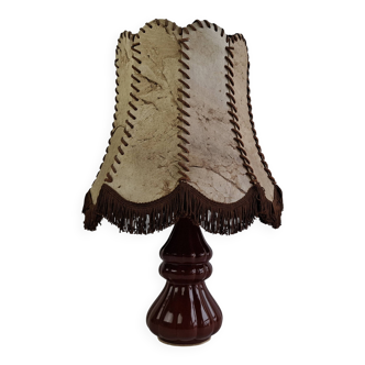 Vintage ceramic table lamp with hand-stitched leather shade, 1980s.