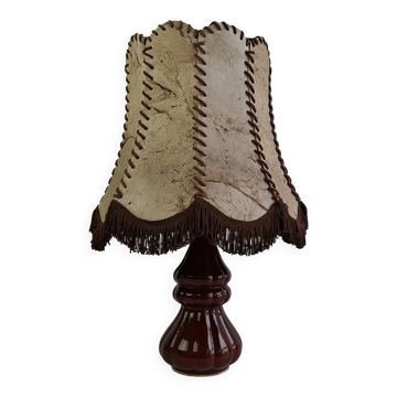 Lampe de table en céramique avec abat-jour en cuir cousu à la main, 1980