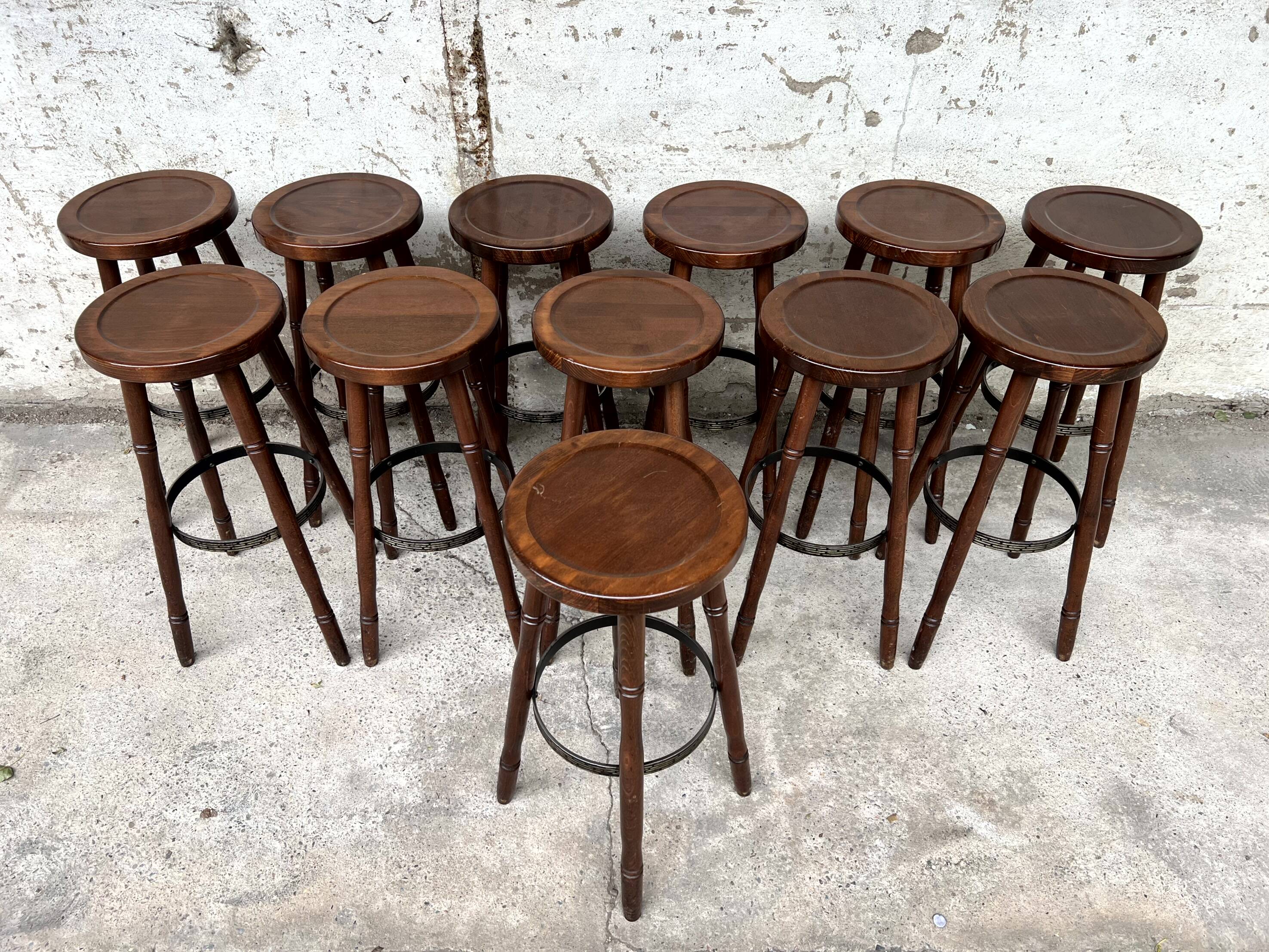 Set of 12 solid wood bar stools 1960 - 1970 vintage