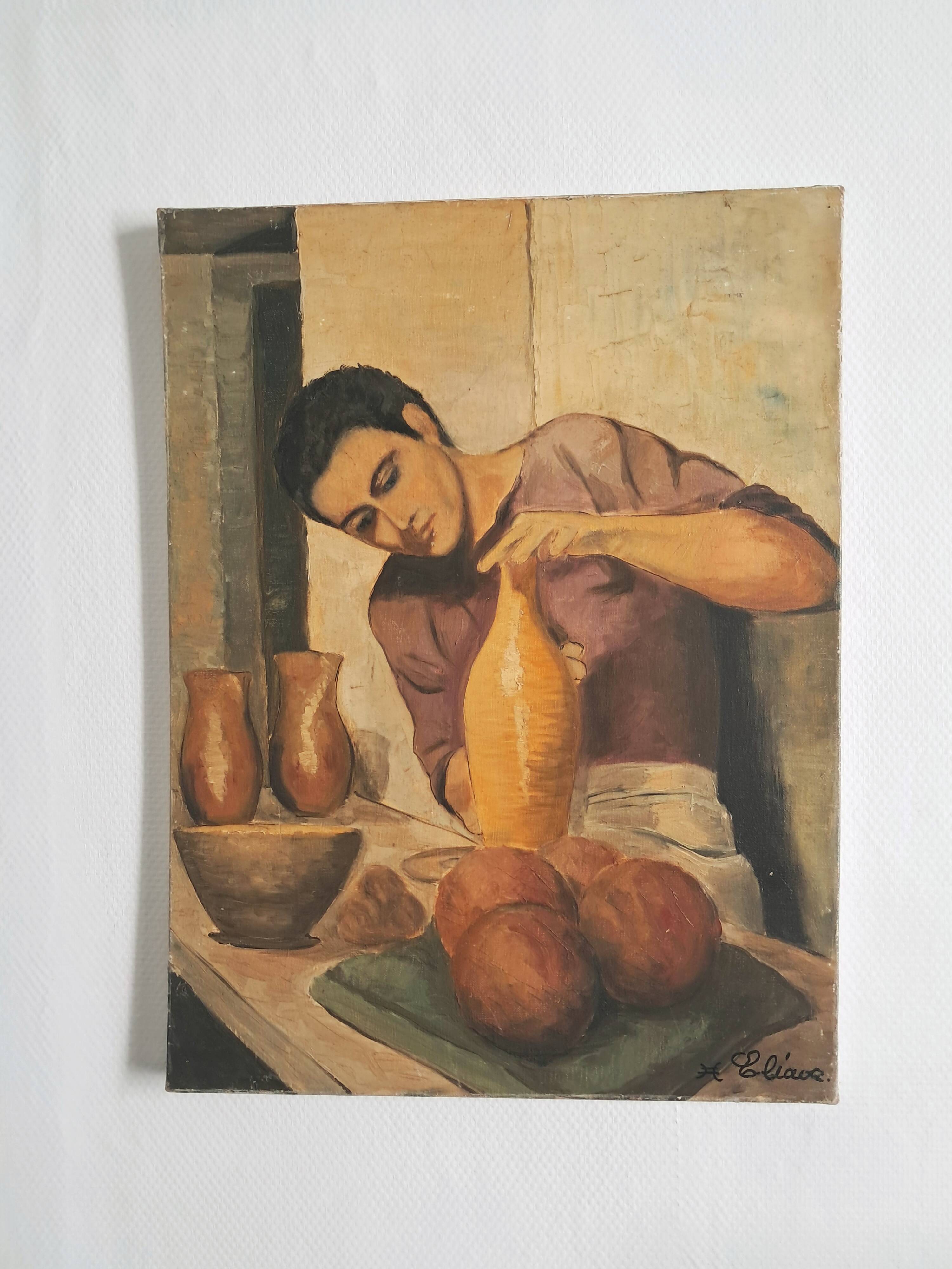 Figurative painting depicting a potter handling a large vase.