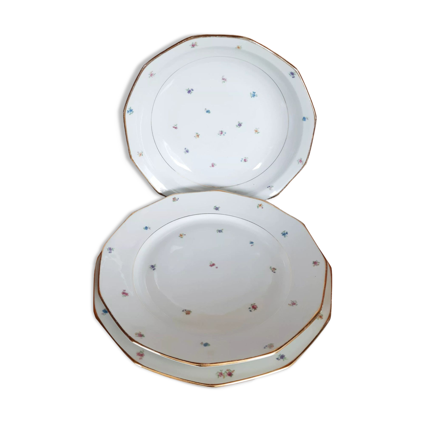 3 round dishes in floral and gold porcelain