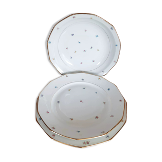 3 plats ronds en porcelaine fleurie et or