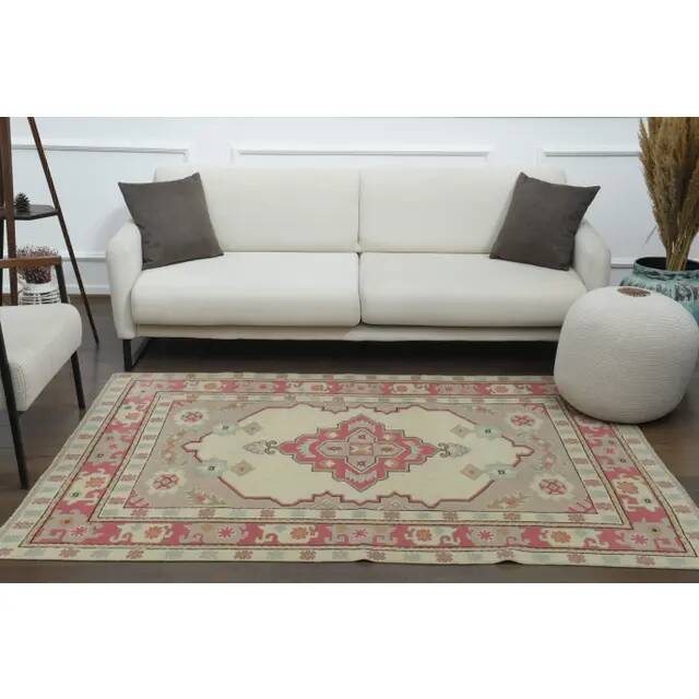 1970s Vintage Turkish Oushak Handmade Wool Cotton Cream Area Rug 150x205