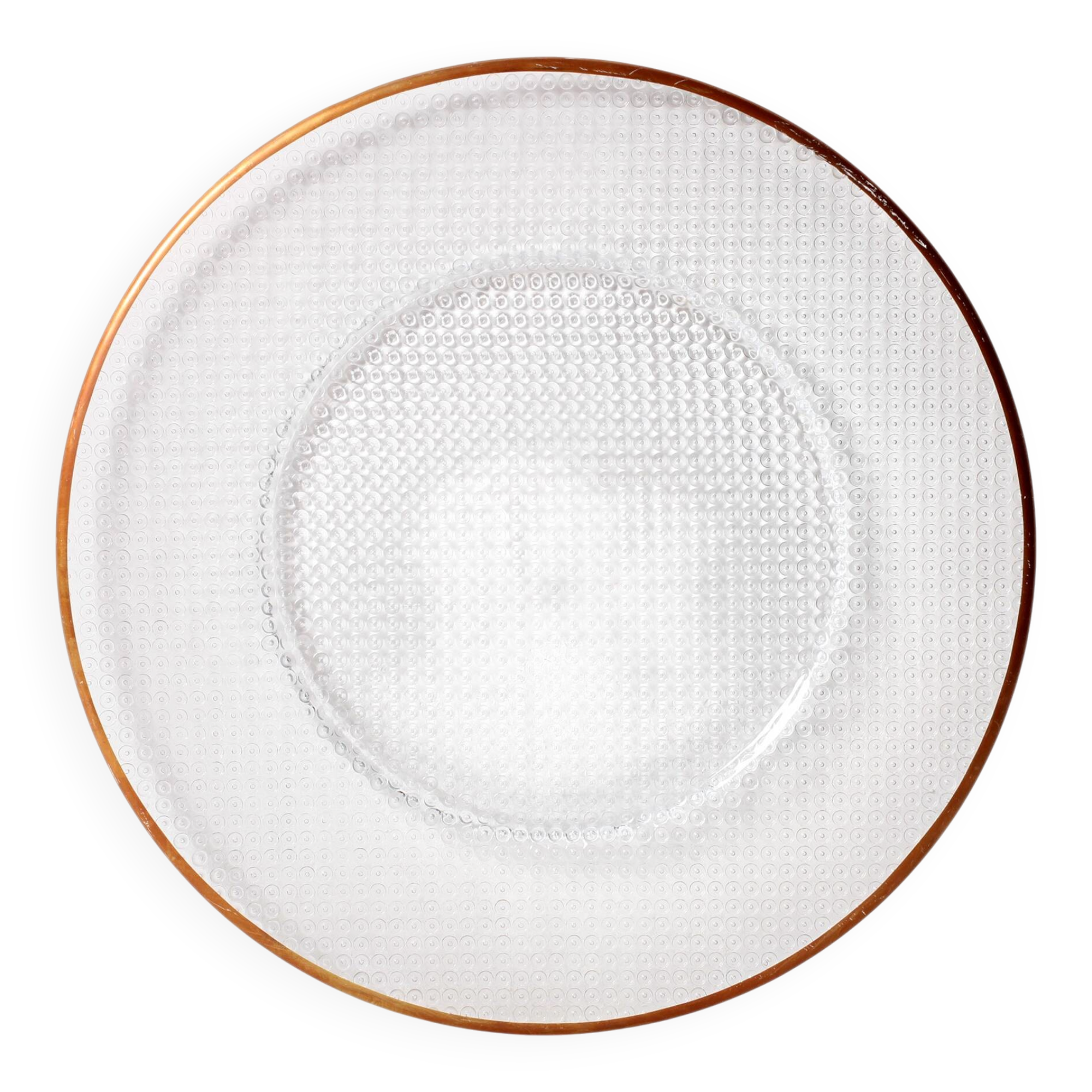 Large Vintage Glass Plate, Patterned Crystal Platter with Bronze Rim. Italy