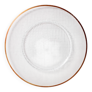 Grande assiette vintage en verre, plat en cristal à motifs avec bordure en bronze. Italie