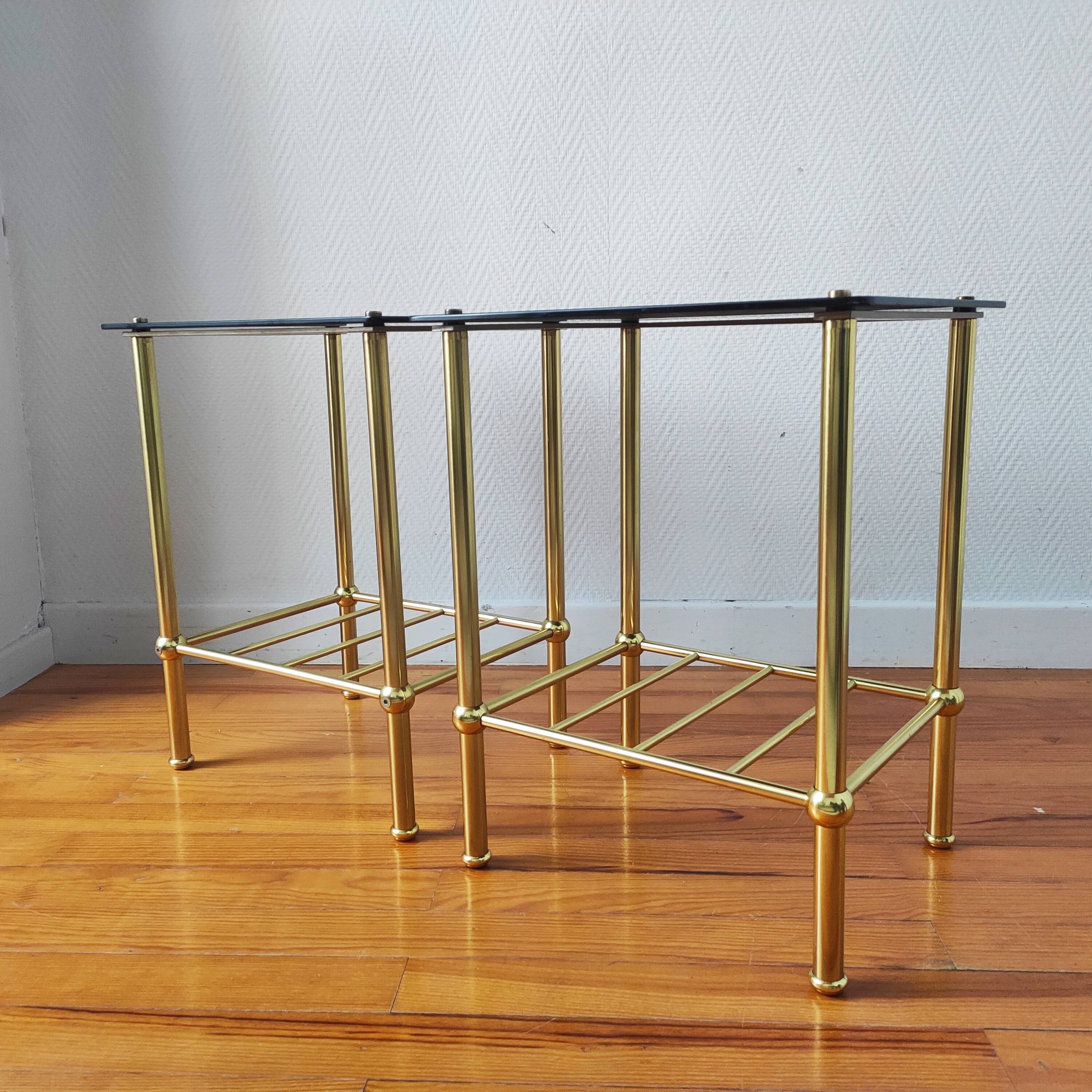 Pair of vintage 70s glass and brass sofa ends