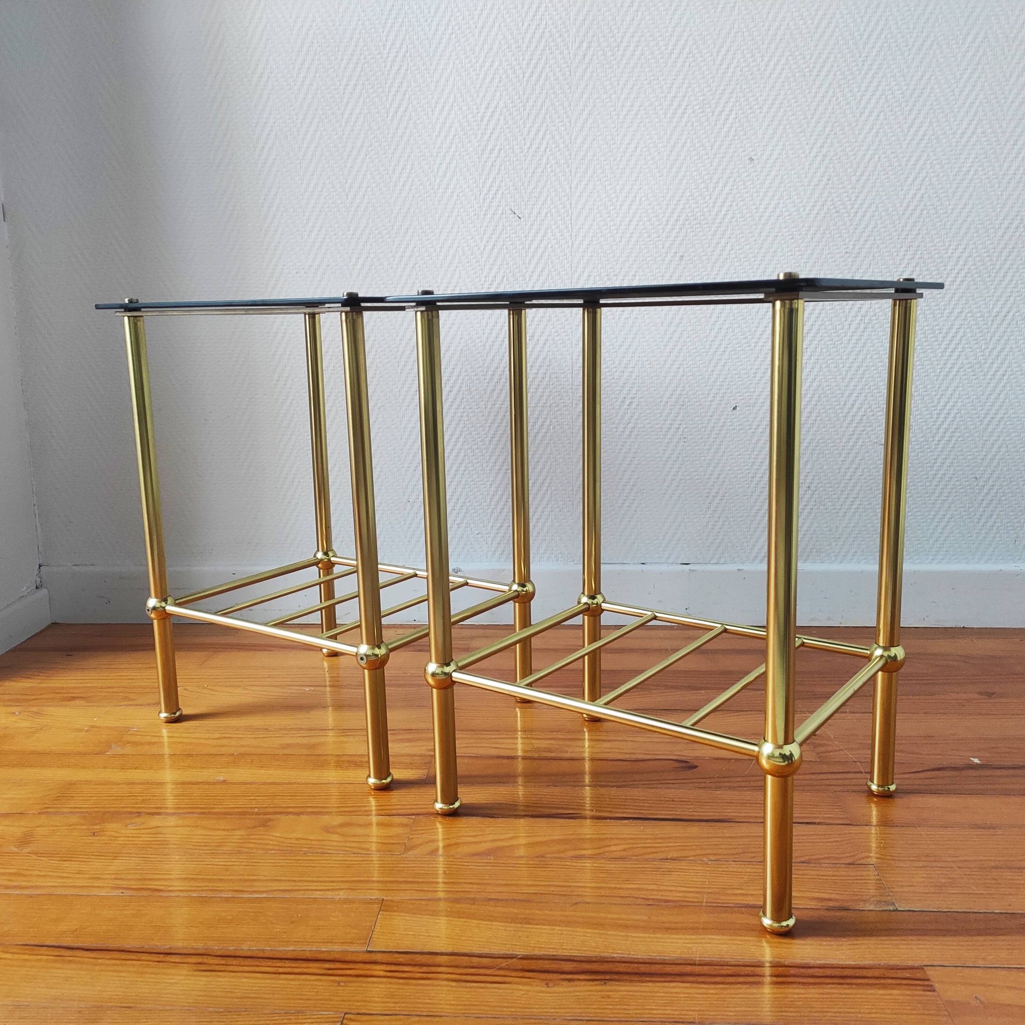 Pair of vintage 70s glass and brass sofa ends