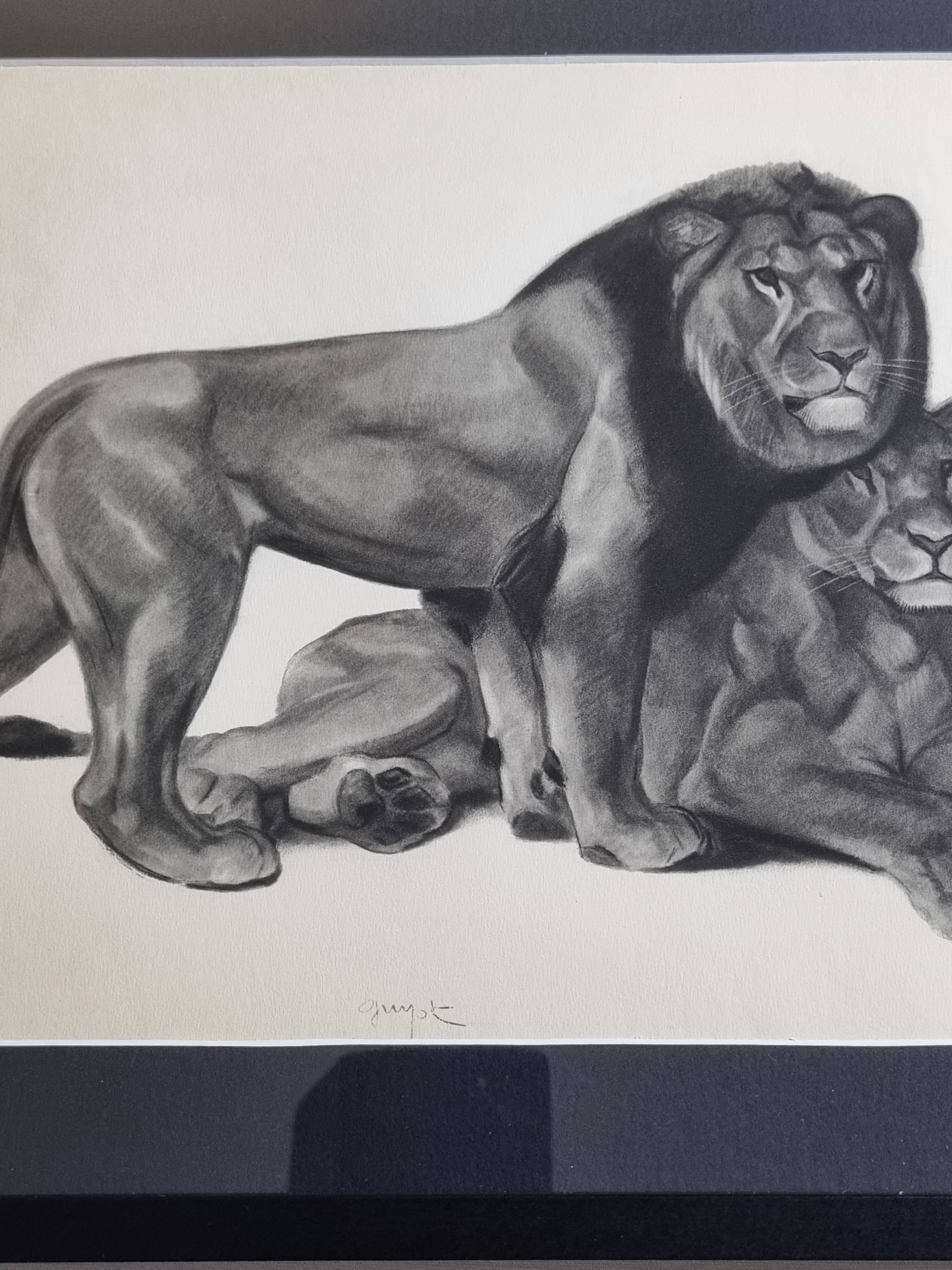 Print after Gorges Guyot, "couple of Lions", 1937, framed, 41 x 32 cm