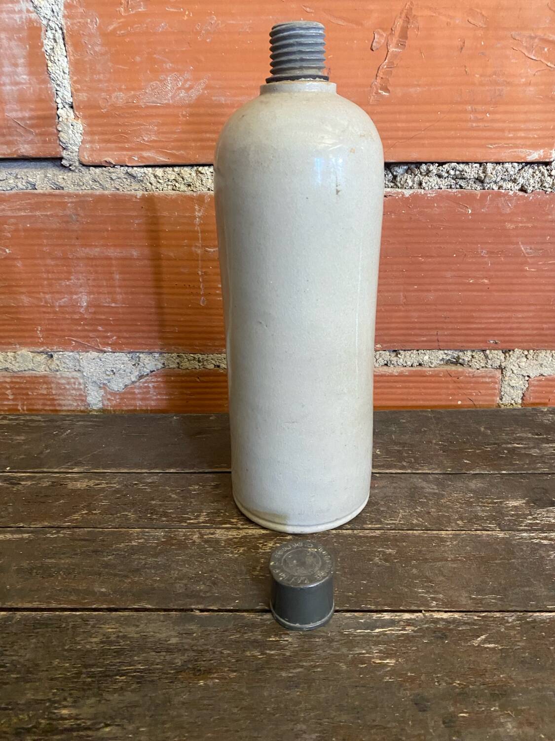 Vintage grey glazed stoneware bottle paul langeron with metal stopper