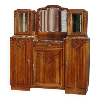 Buffet Art Déco en noyer avec marbre, miroir et guérites