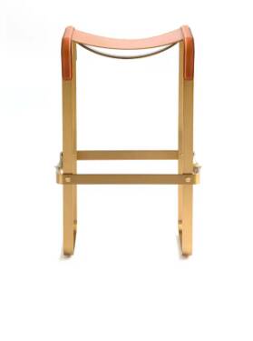 Classic Contemporary Bar Stool Metal Aged Brass and Natural Tobacco Leather