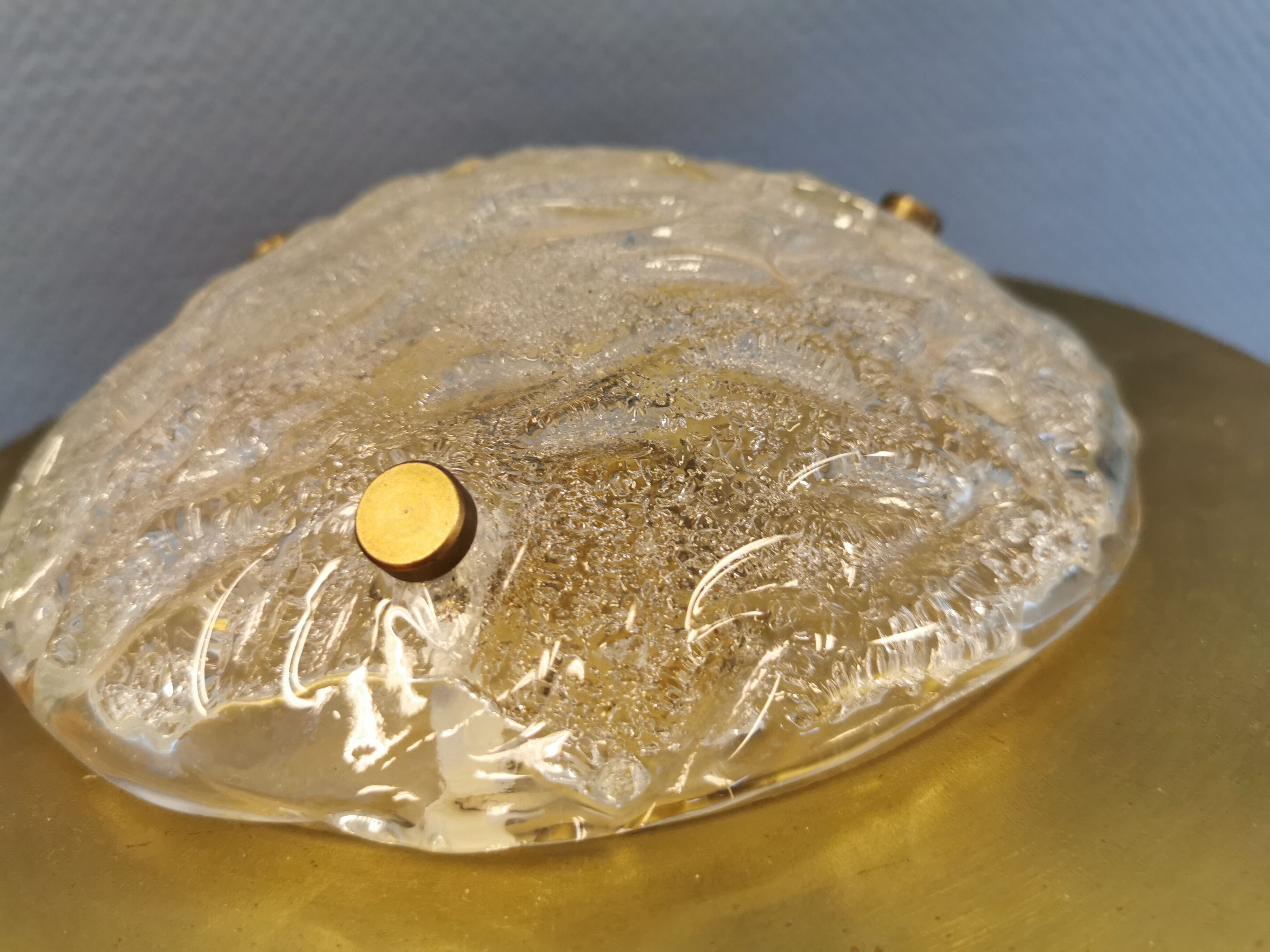 Wall/ceiling lamp, made in brass and white lacquered metal with frosted solid glass shade