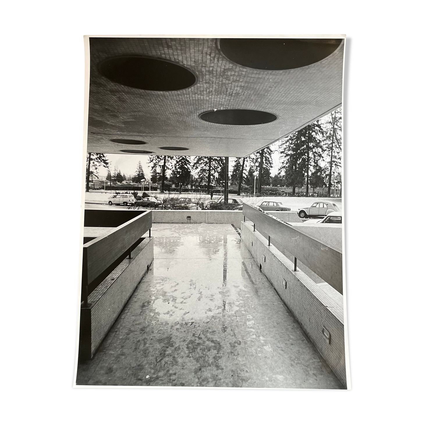 Photograph black and white silver print circa 1970 building hall