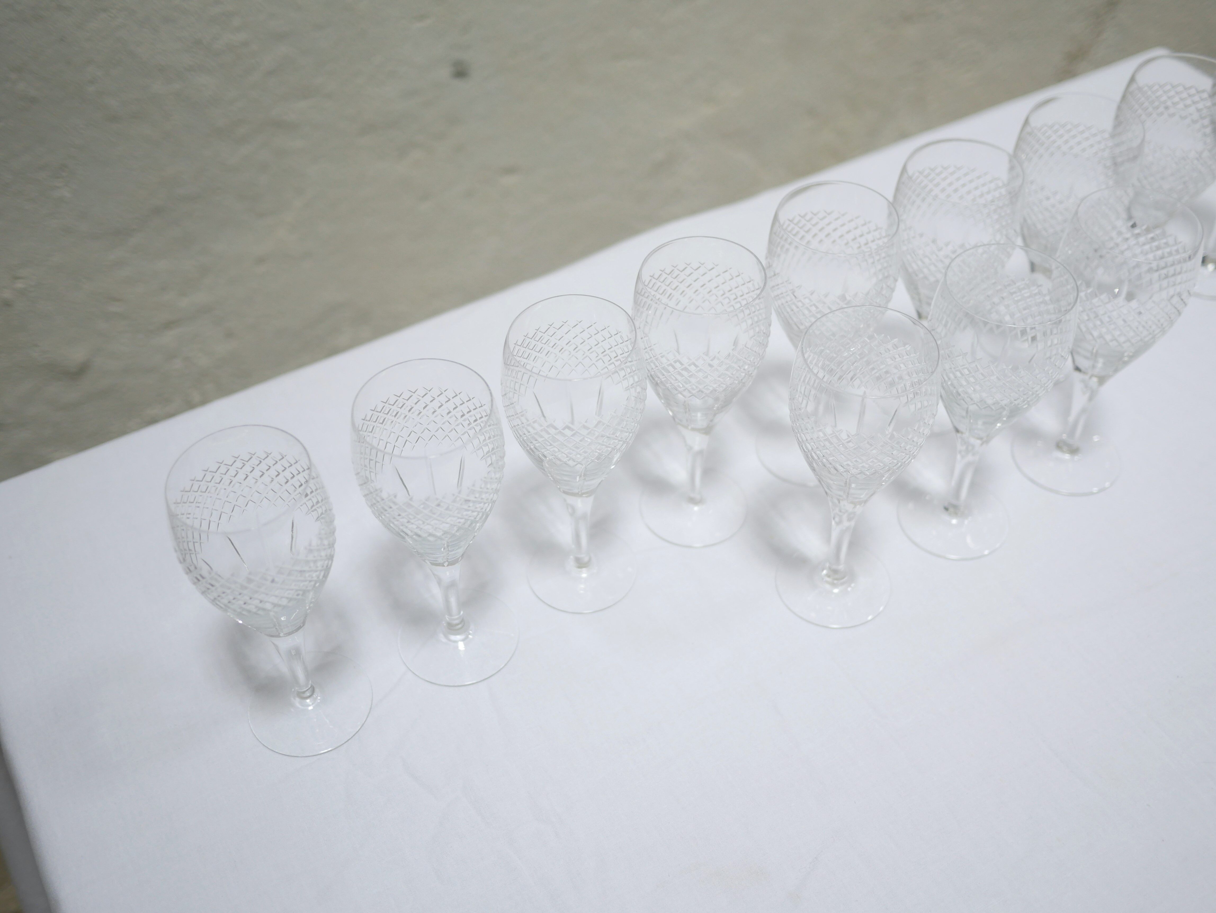 Series of 12 vintage red crystal wine glasses
