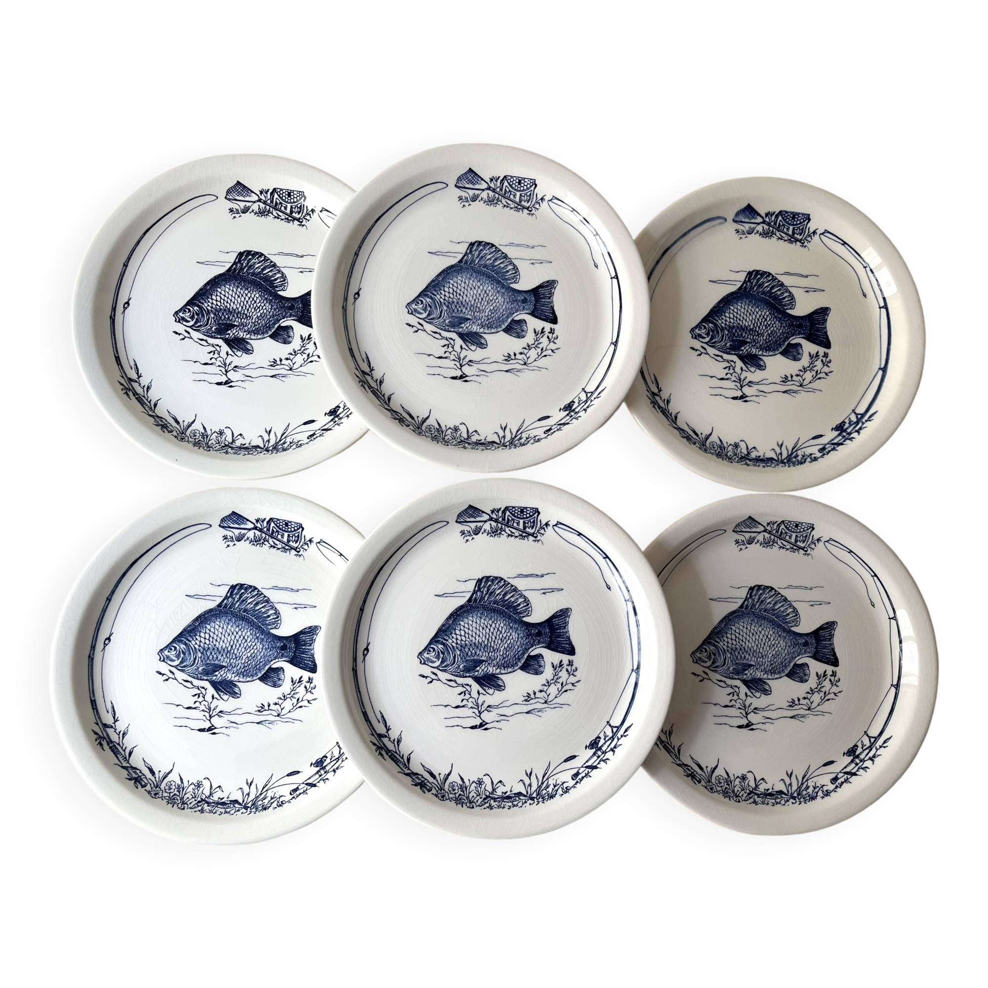 Set of 6 vintage GIEN France fish plates, flat plates with fishing decor