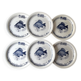 Set of 6 vintage GIEN France fish plates, flat plates with fishing decor