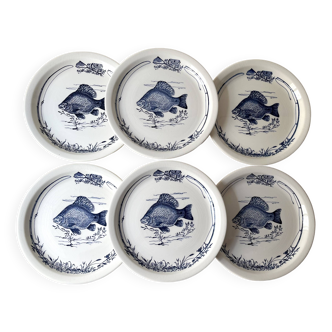 Lot de 6 assiettes à poisson GIEN France vintage, assiettes plates à décor de pêche