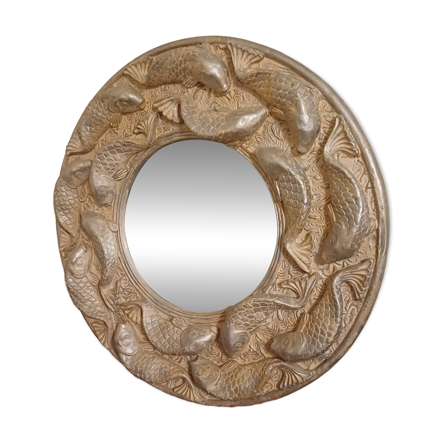 Wall-mounted mirror with silver fish by Alan Wallis Designs from the 1980s.