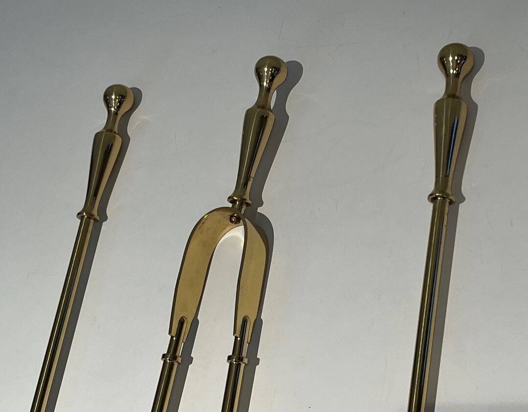 Neoclassical Fire Necessary in Polished Brass on Columnar Base Support
