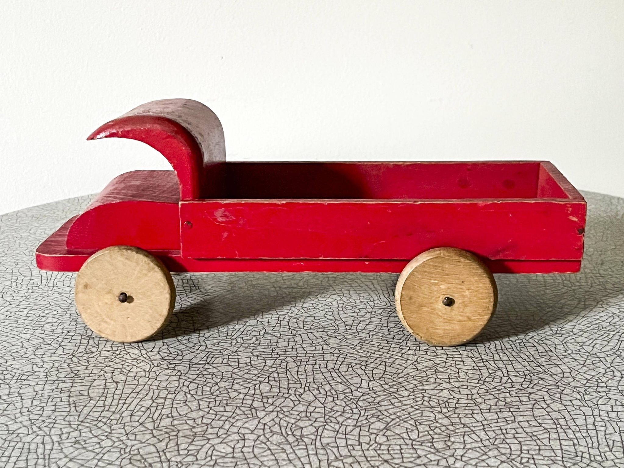 Red wooden flatbed truck, vintage toy