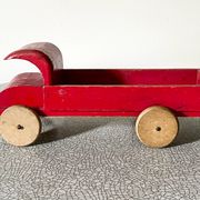Red wooden flatbed truck, vintage toy