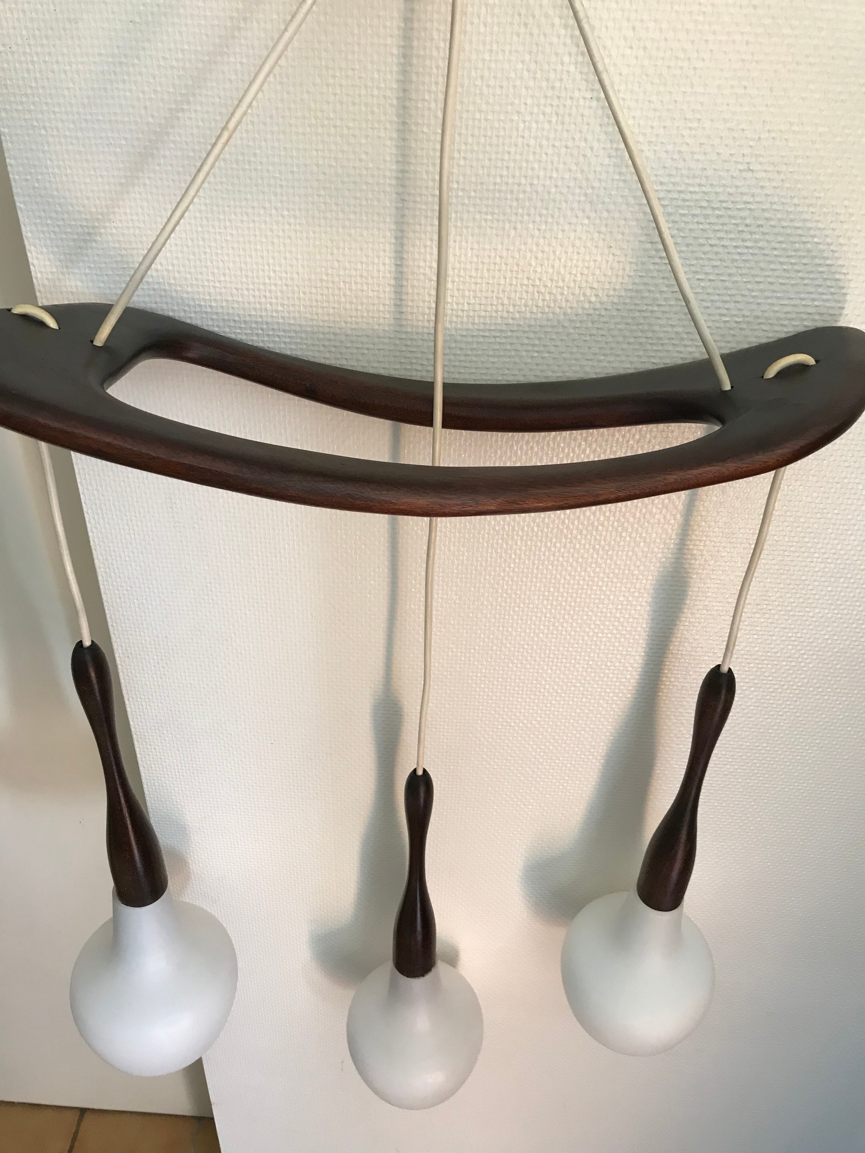 Teak and opaline chandelier Rispal