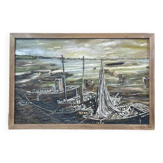 Oil on panel - The mouth of the Vilaine at Billiers (Morbihan 56) - 2m06x1m37