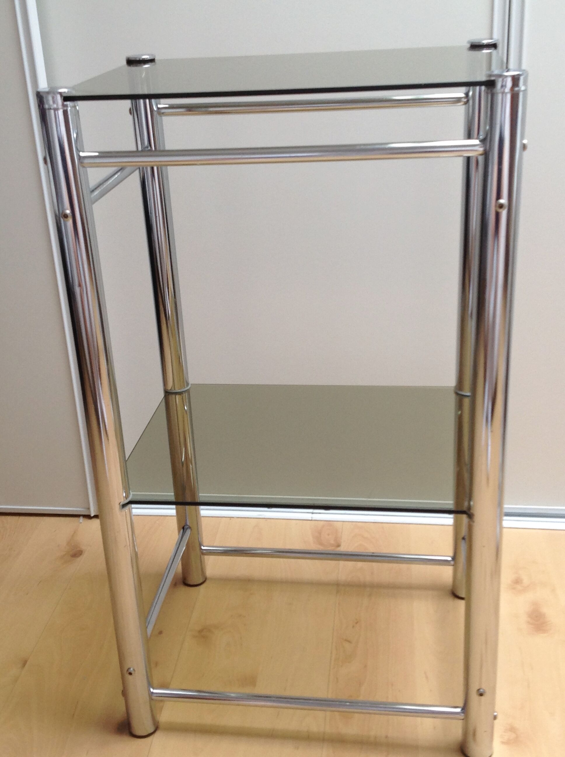 Two-tray console in smoked glass and chrome metal / vintage 70s-80s