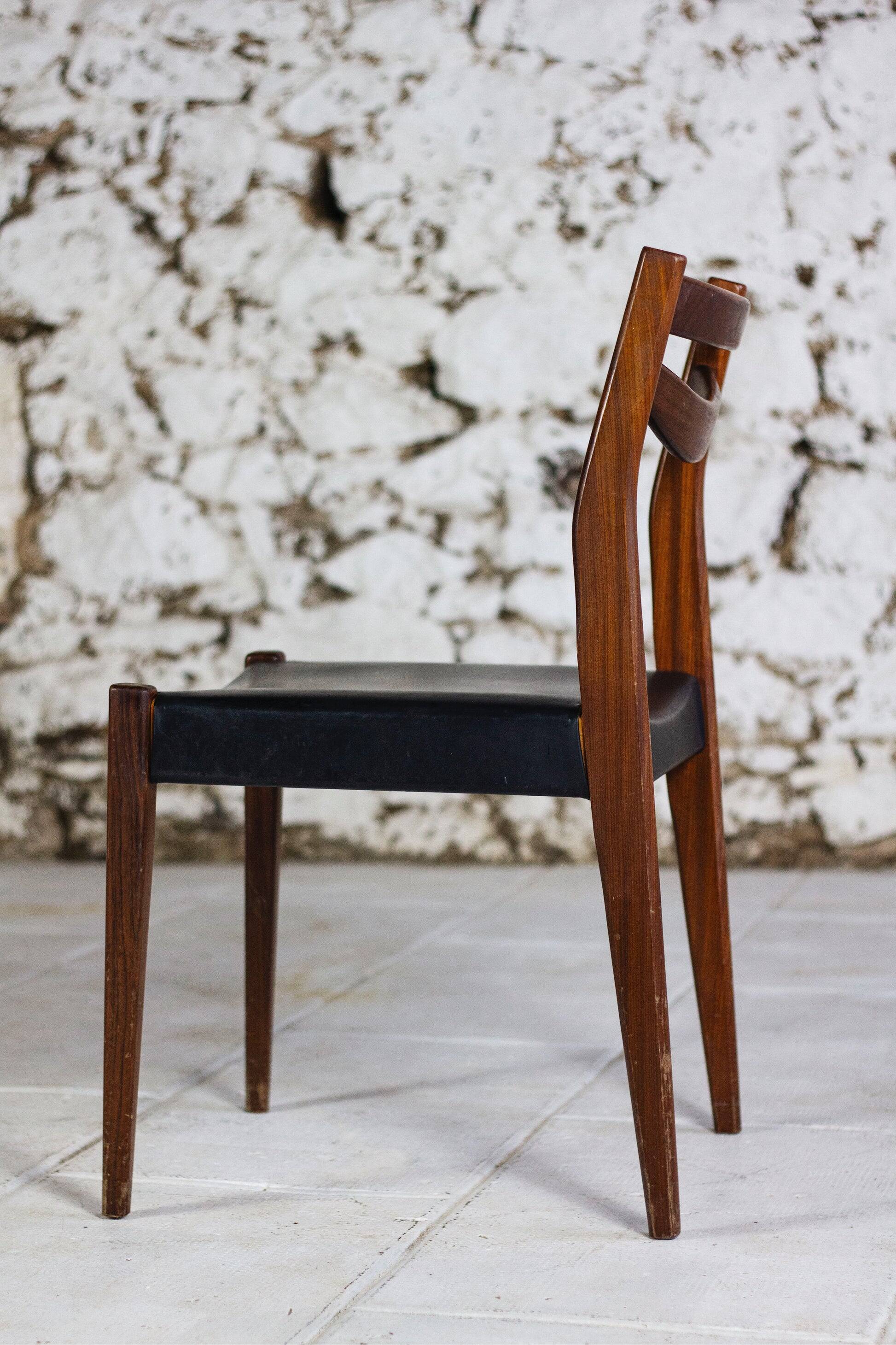 4 vintage Scandinavian chairs in teak and imitation leather, 1960