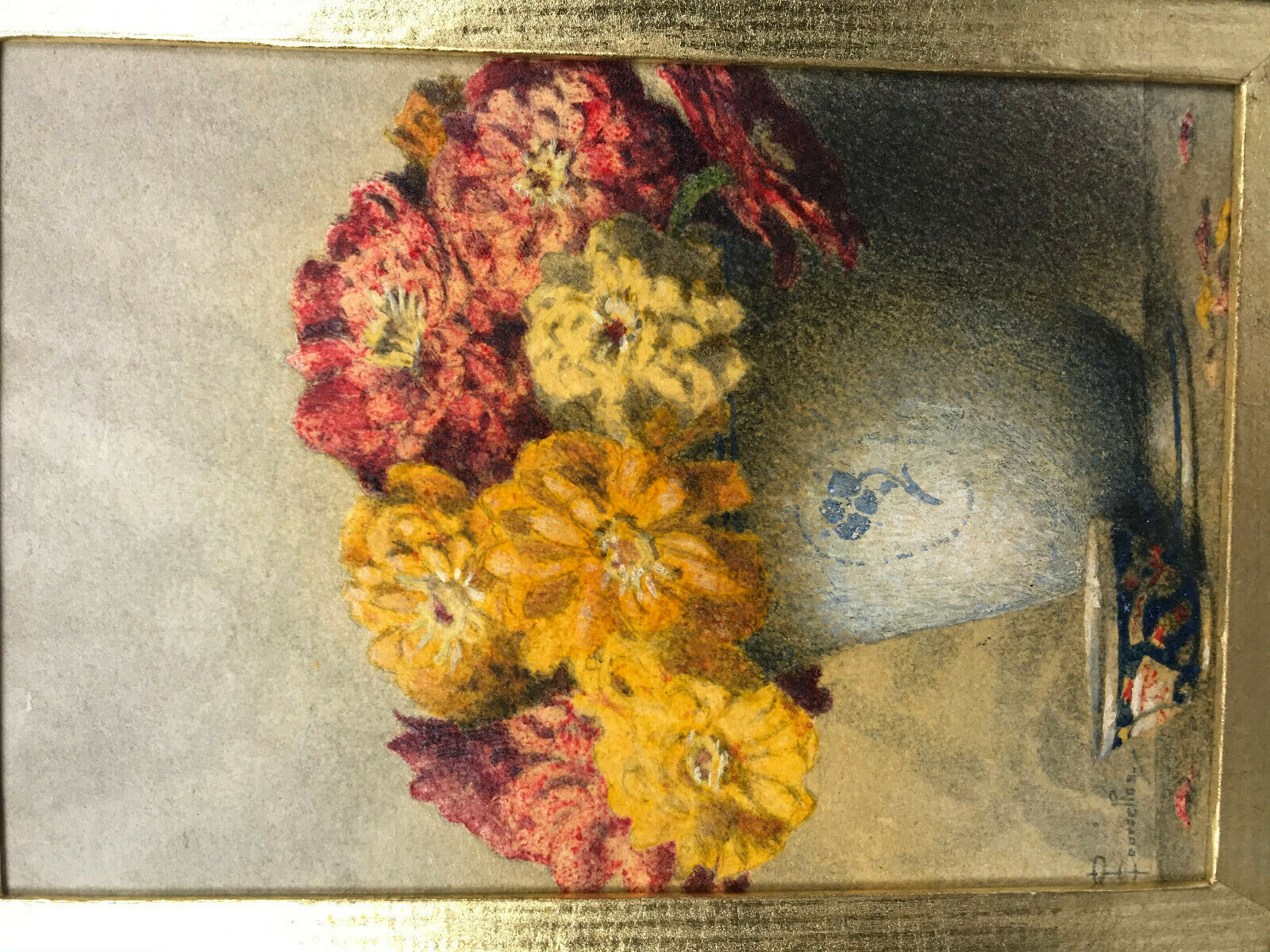 Watercolor decorated with dahlias by Pascal Courcelles 1956