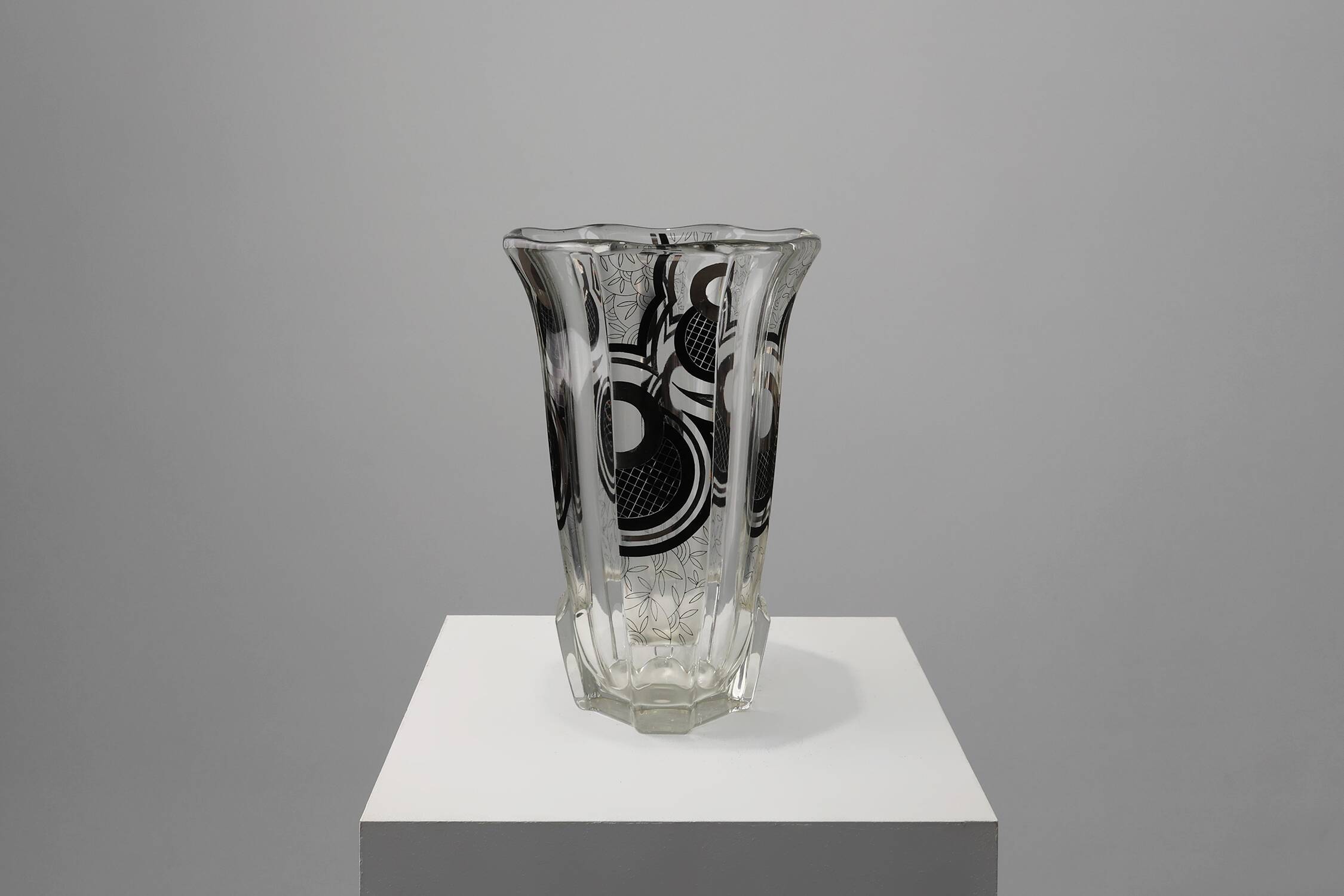 Art Deco Glass Vase with Black Graphic Decoration, France, circa 1940